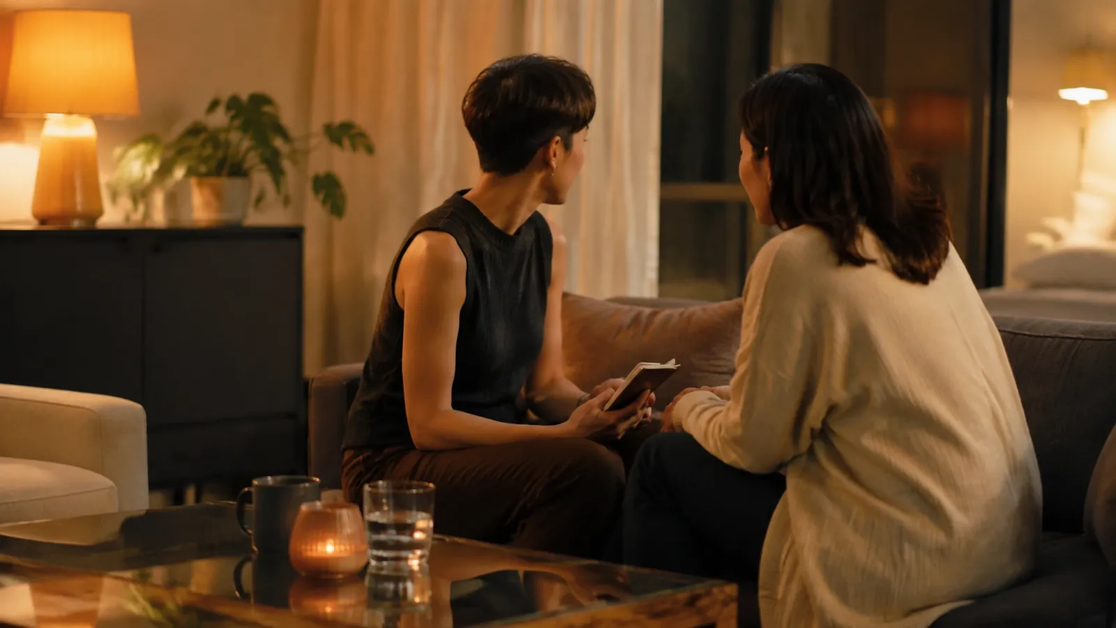 Two adults in a quiet, close conversation in warm evening light, suggesting trust and mutual care. Two adults in a quiet, close conversation in warm evening light, suggesting trust and mutual care.