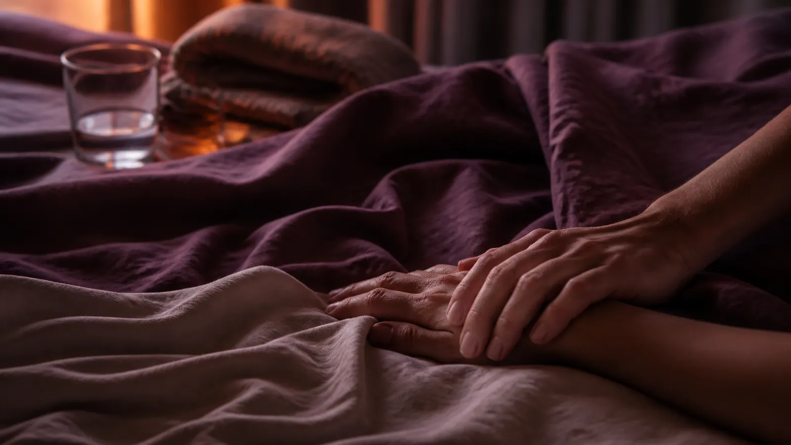 Two adults’ hands resting together on plum and cream bedding beside water and a folded blanket. Two adults’ hands resting together on plum and cream bedding beside water and a folded blanket.