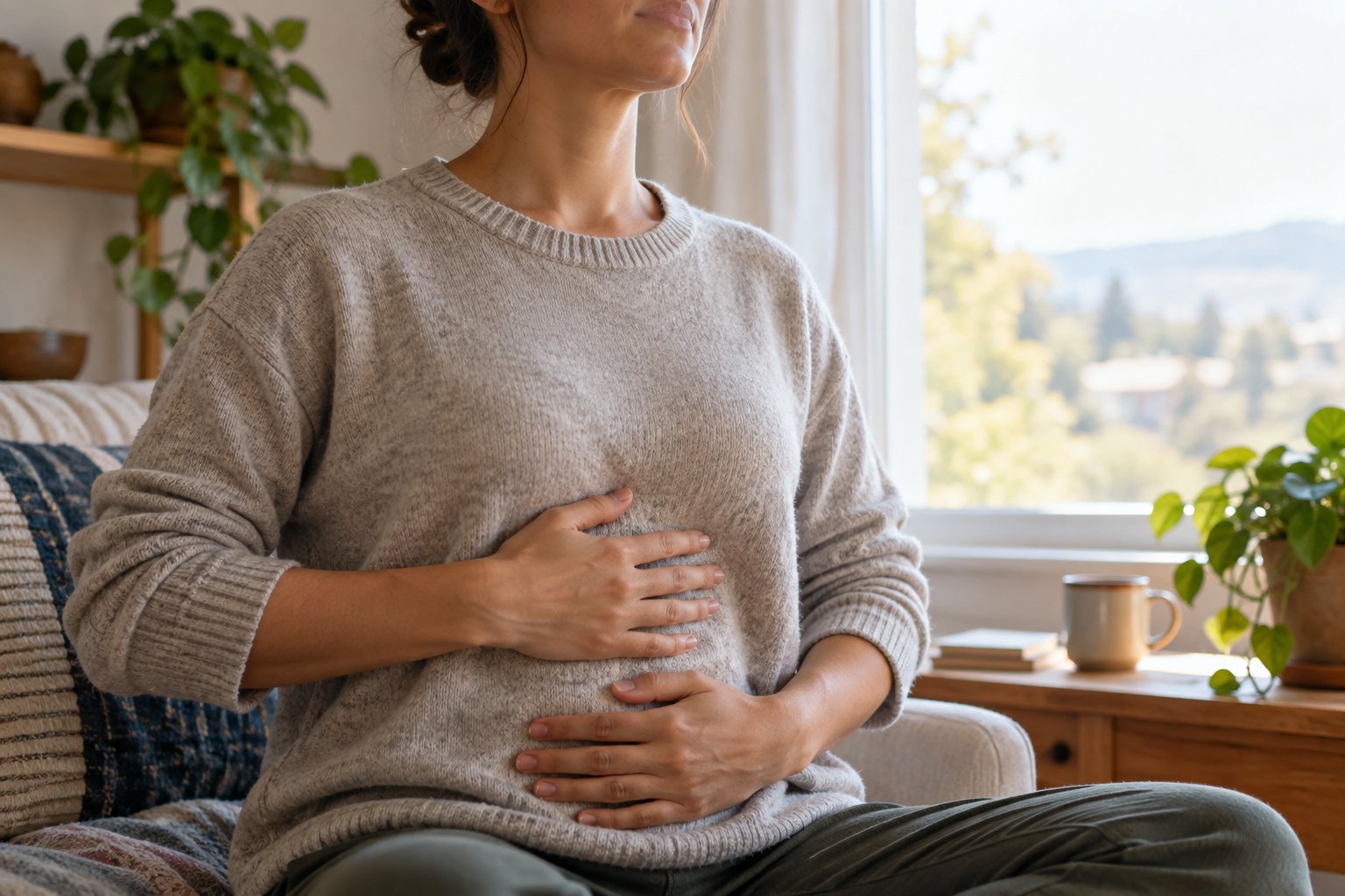 A seated adult in a sweater rests their hands on their ribs and abdomen.