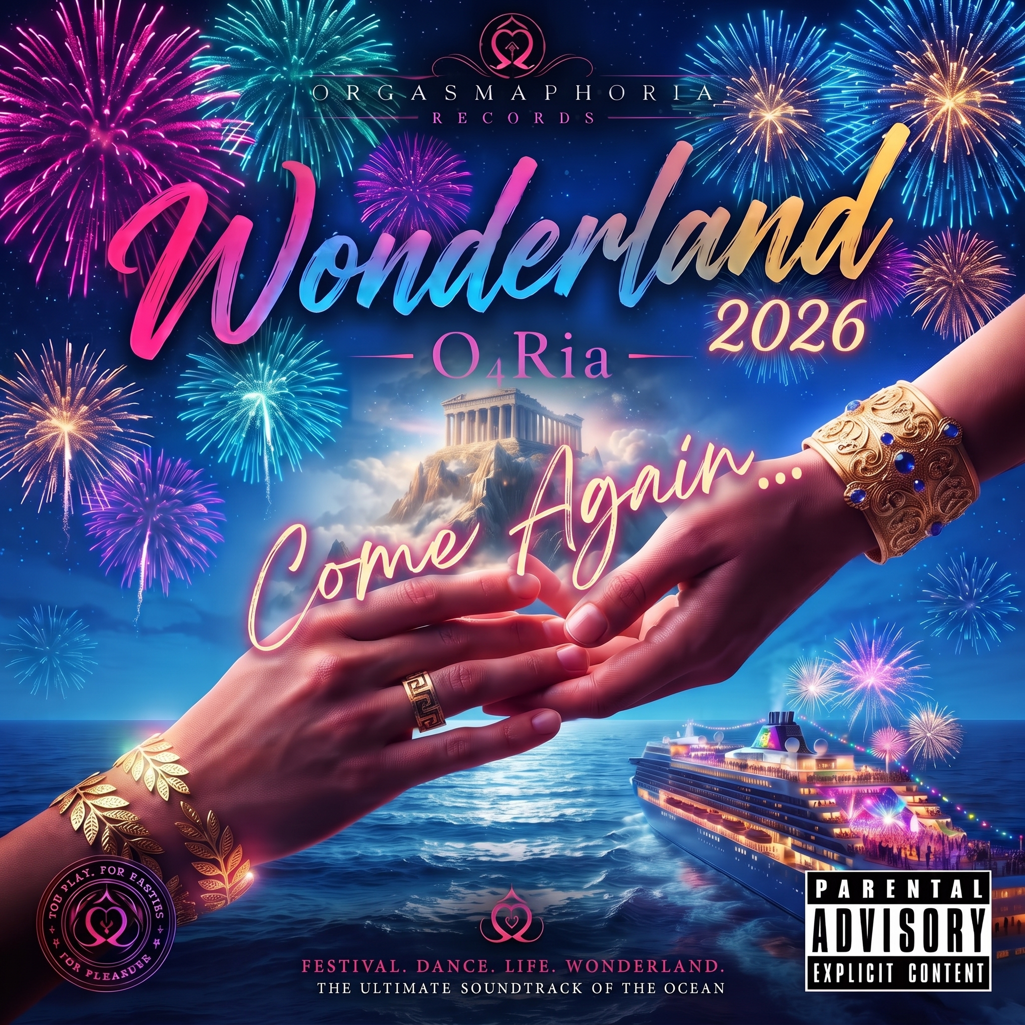 Hands reaching toward each other over the sea, with fireworks, a Greek temple and a cruise ship.