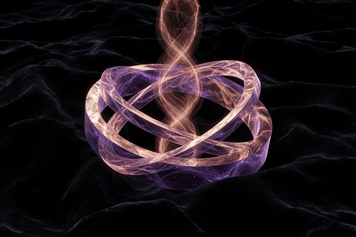 Interlaced violet and rose light ribbons forming a circle against a dark background