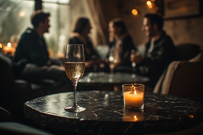 Champagne glass and candle on a table with four people talking in the background